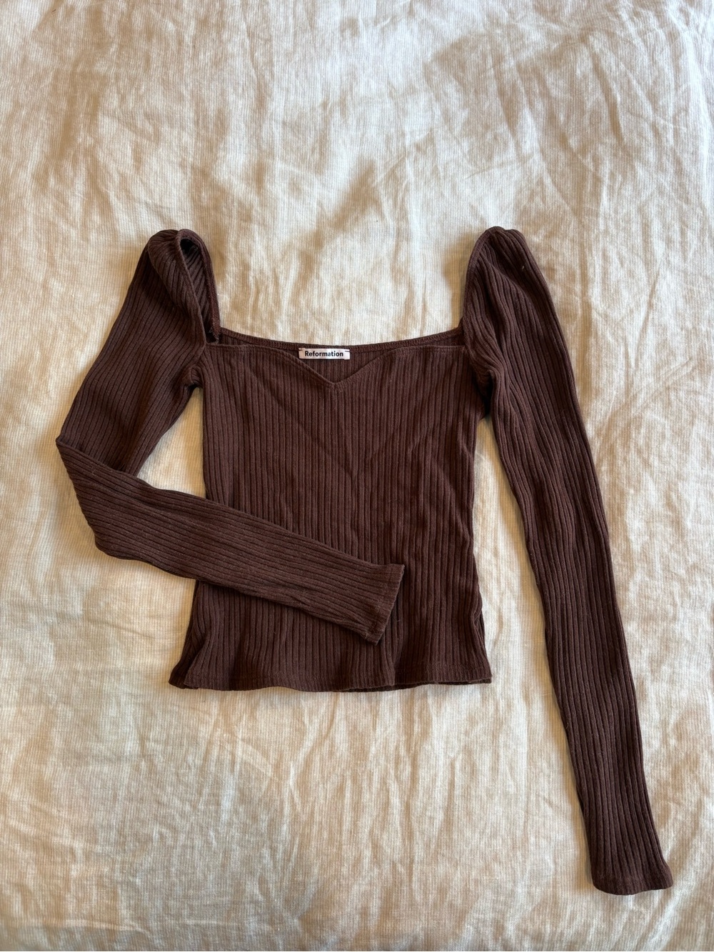Reformation Brown Ribbed Long Sleeve Sweetheart Top